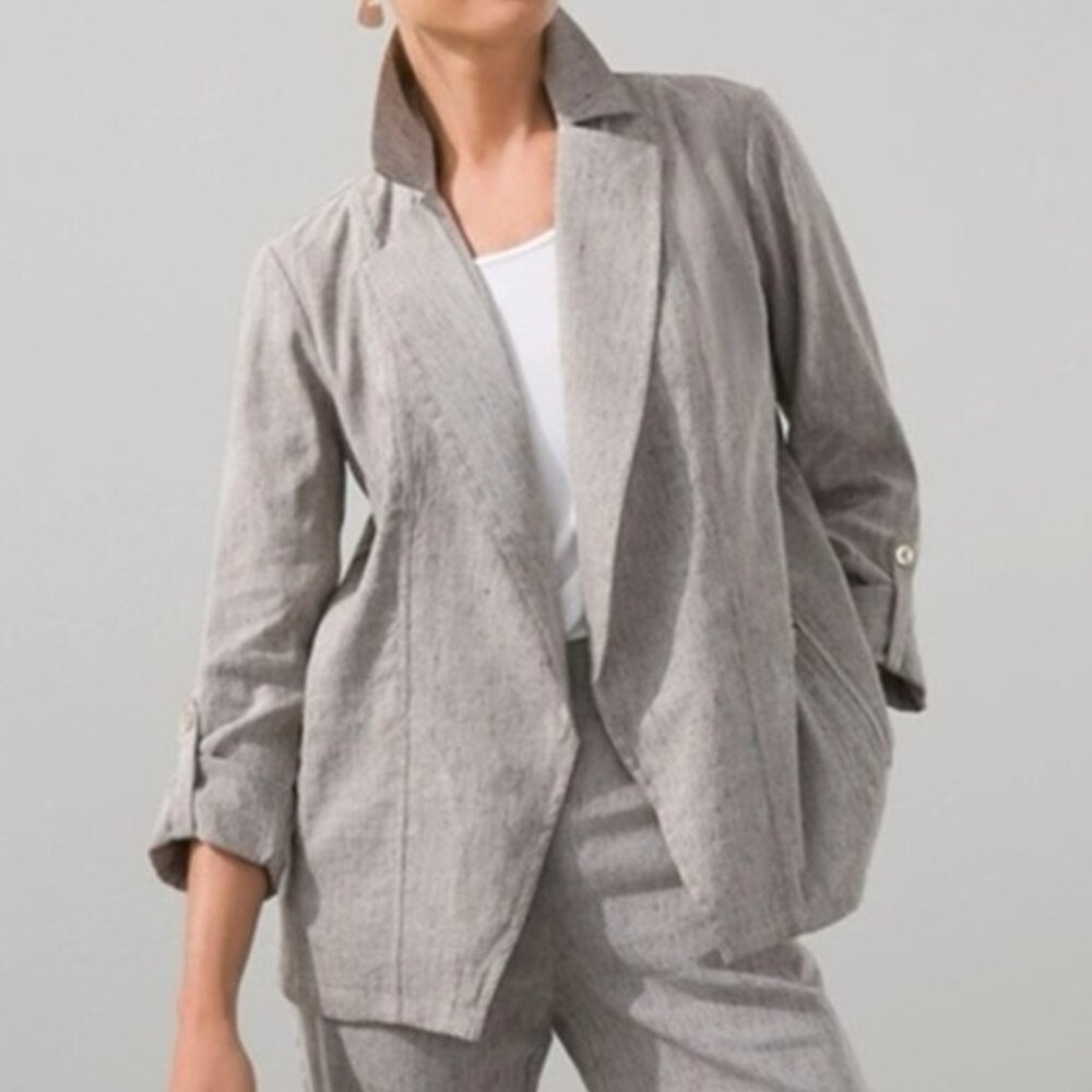 CHICO'S Heather Gray Soft Linen-Blend Stretch Moto Jacket w Roll Tab Sleeves